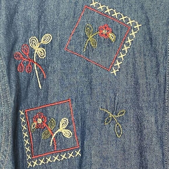 Vintage Embroidered Shirt Denim Blue Plaid Collar Button Front Long Sleeve XL - Picture 3 of 16